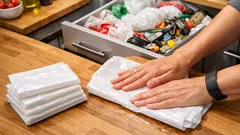 Plastiktüten platzsparend falten: die einfache Quadrat-Faltung für eine ruhige Küchenschublade