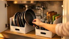 Dieser Bürotrick schafft sofort Platz im Küchenschrank – Pfannen einfach hochkant verstauen